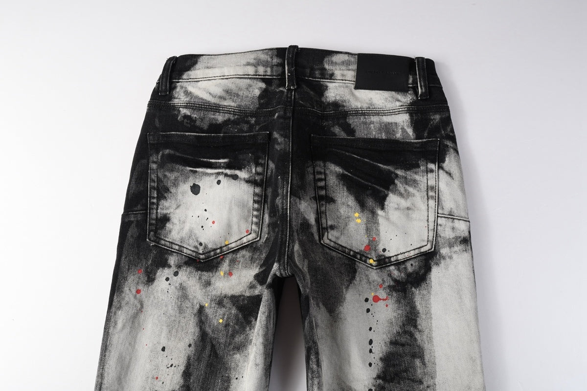 Men's Tie-Dye Graffiti Skinny Jeans with Ripped Holes & Button Fly
