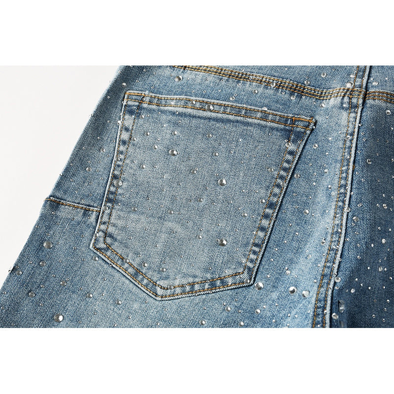 Men's Light Wash All-Over Rhinestone Skinny Jeans | Streetwear Slim Fit Embellished Denim Pants