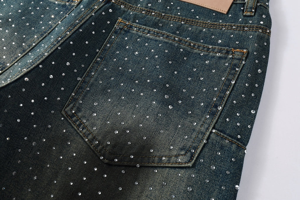 Men's & Women's High Street Baggy Distressed Blue Jeans with Rhinestones & Loose Fit