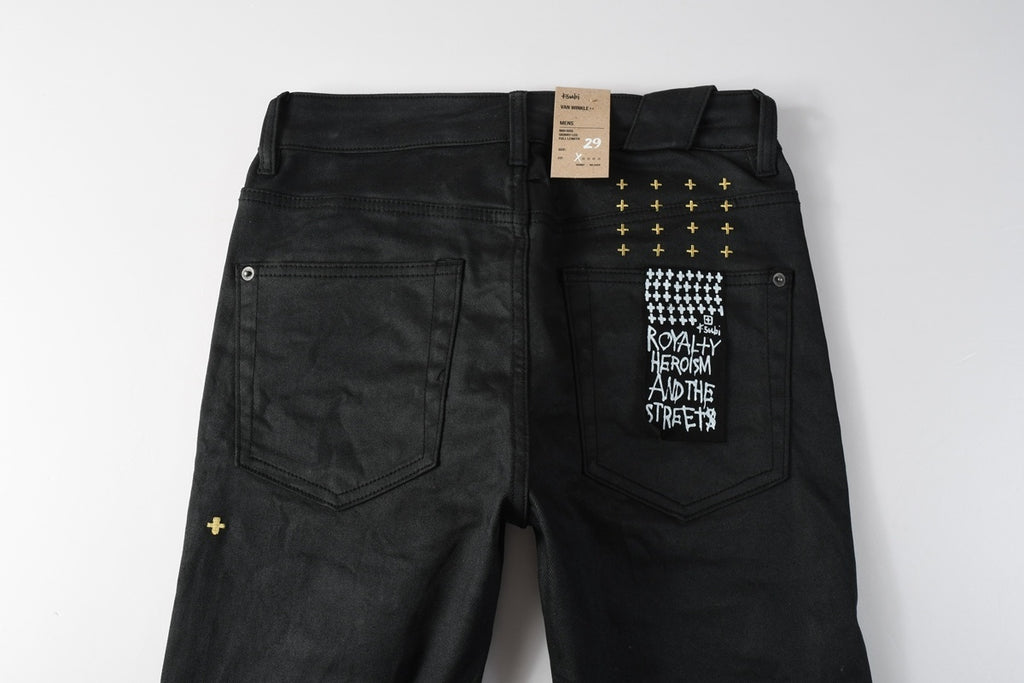 Men’s Black Waxed Skinny Jeans - Gold Studded Streetwear Denim