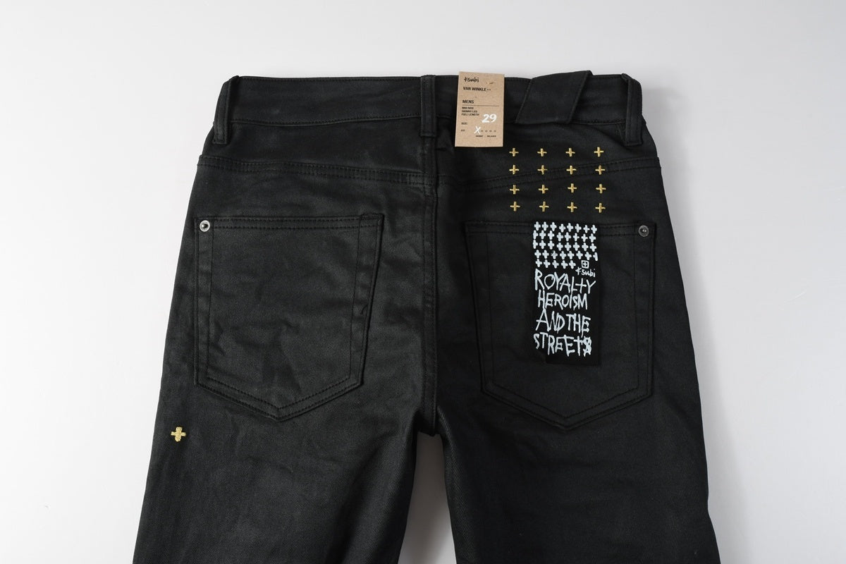 Men’s Black Waxed Skinny Jeans - Gold Studded Streetwear Denim
