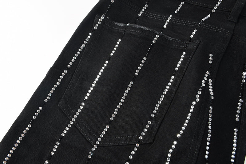 Men's Black Vertical Rhinestone Striped Skinny Jeans | Streetwear Slim Fit Denim Pants