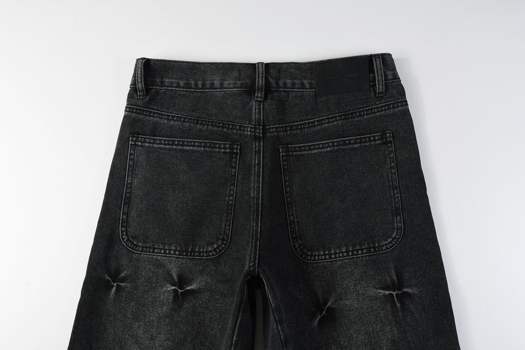 Men's Distressed Black Gray Loose Fit Jeans with Ripped Holes & Button Fly