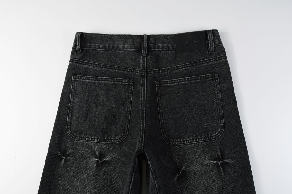 Men's Distressed Black Gray Loose Fit Jeans with Ripped Holes & Button Fly