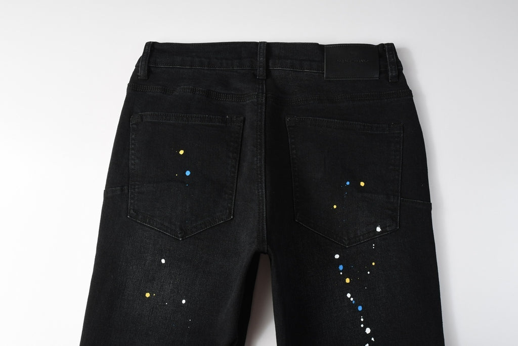 Men's Distressed Dark Black Skinny Jeans with Graffiti & Spray Paint Design & Ripped Holes