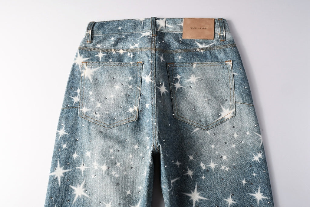 Distressed Blue Rhinestones Baggy Jeans - Printing Patterns & Loose Ripped Denim