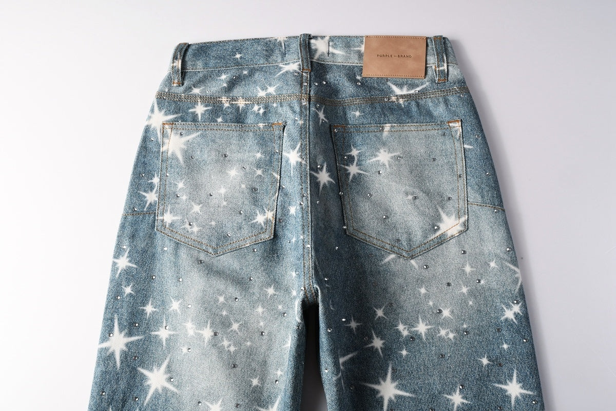 Distressed Blue Rhinestones Baggy Jeans - Printing Patterns & Loose Ripped Denim
