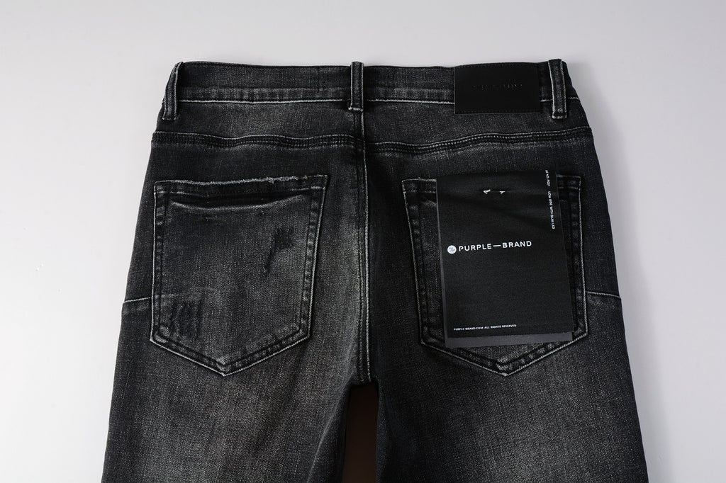 Men's Distressed Black Gray Skinny Jeans with Ripped Holes & Button Fly