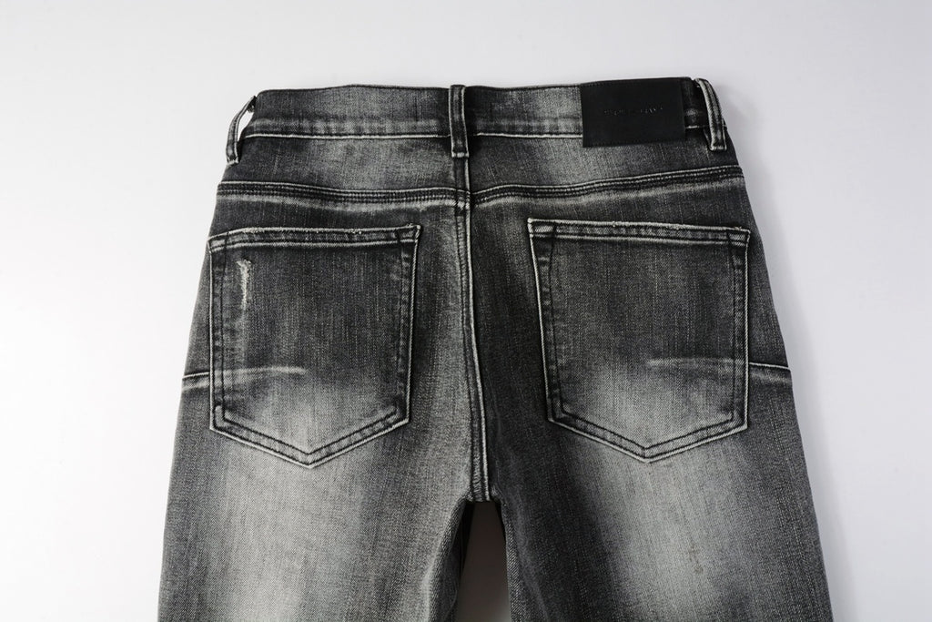 Men's Distressed Ash Gray Skinny Jeans with Ripped Holes & Button Fly