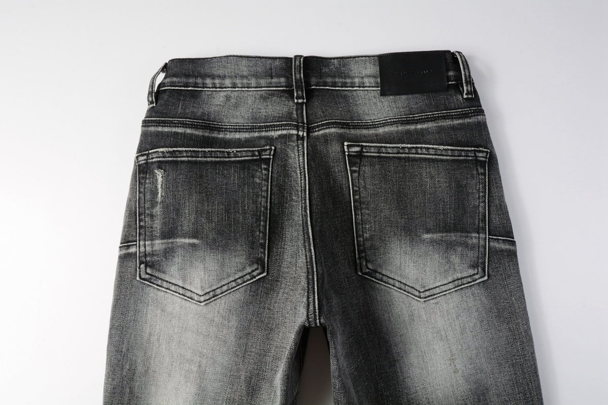 Men's Distressed Ash Gray Skinny Jeans with Ripped Holes & Button Fly