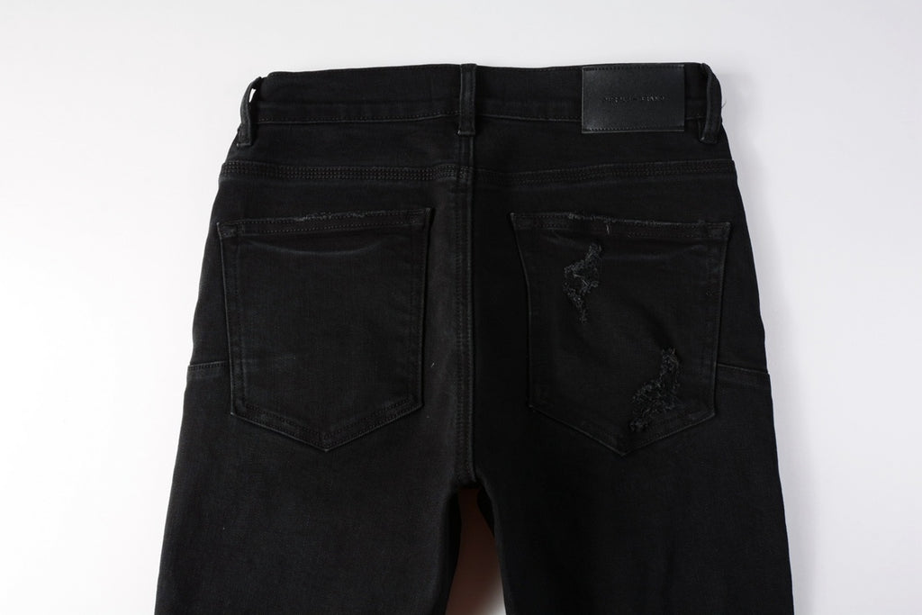Men's Distressed Black Skinny Jeans with Ripped Holes & Button Fly
