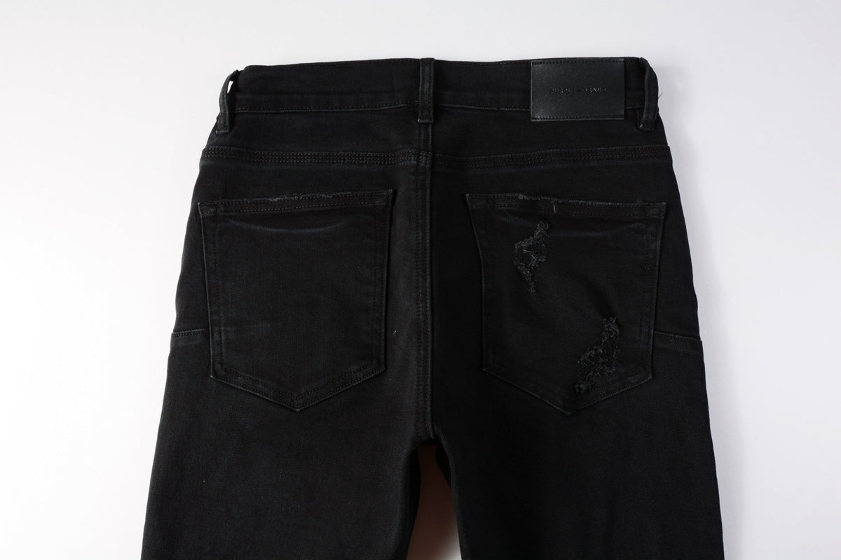 Men's Distressed Black Skinny Jeans with Ripped Holes & Button Fly