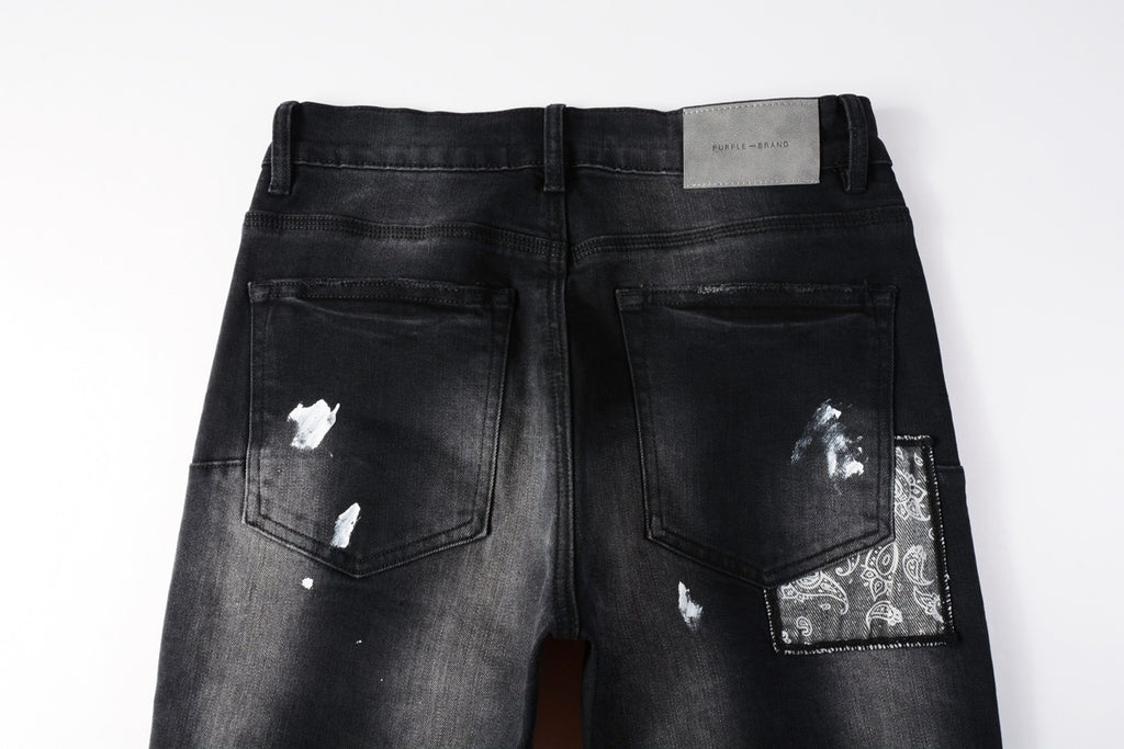 Men's Distressed Black Skinny Jeans with Bandanna Patchwork, Ripped Holes & Button Fly