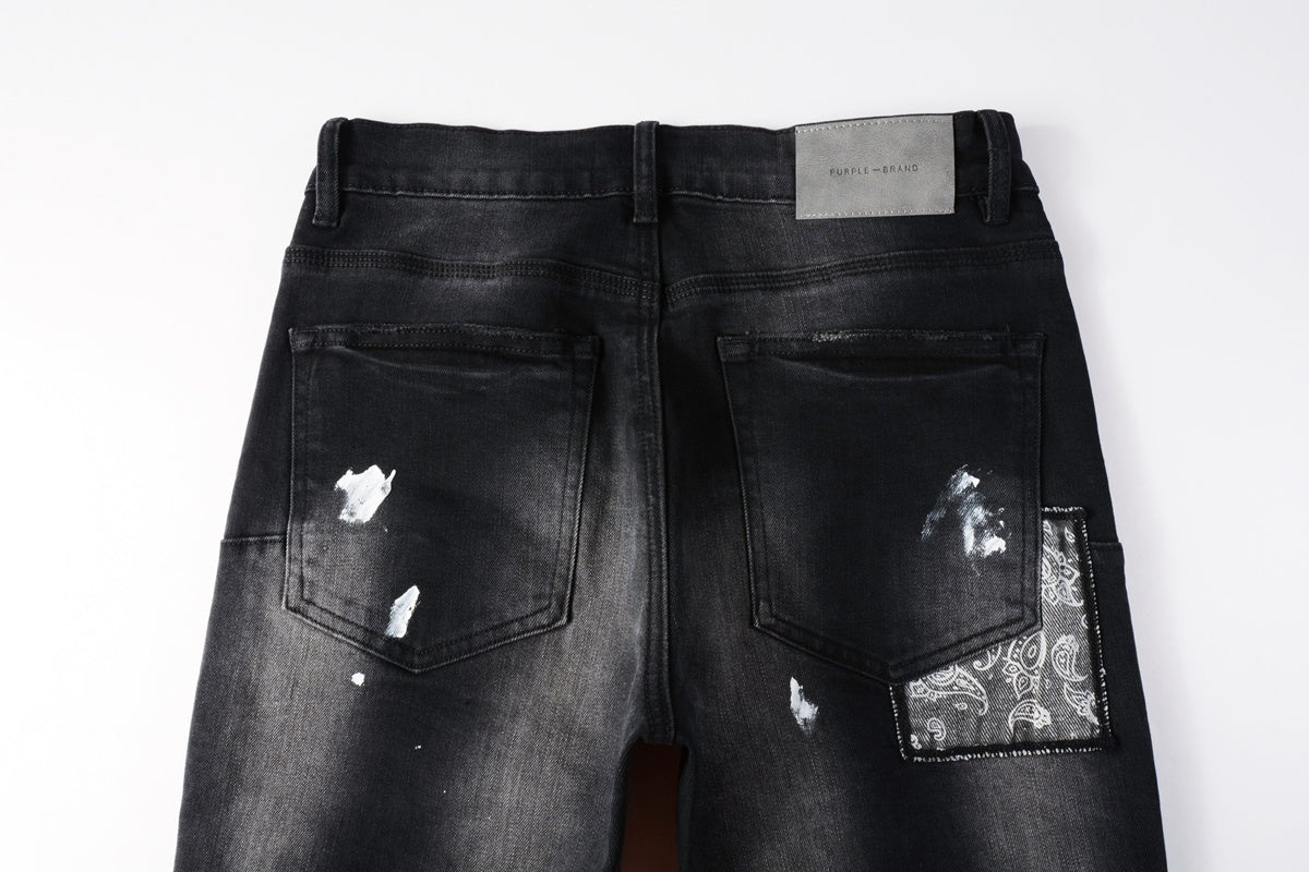 Men's Distressed Black Skinny Jeans with Bandanna Patchwork, Ripped Holes & Button Fly