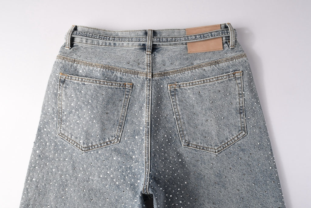 Men's Distressed Vintage Blue Denim Shorts with Rhinestones & Ripped Detailing