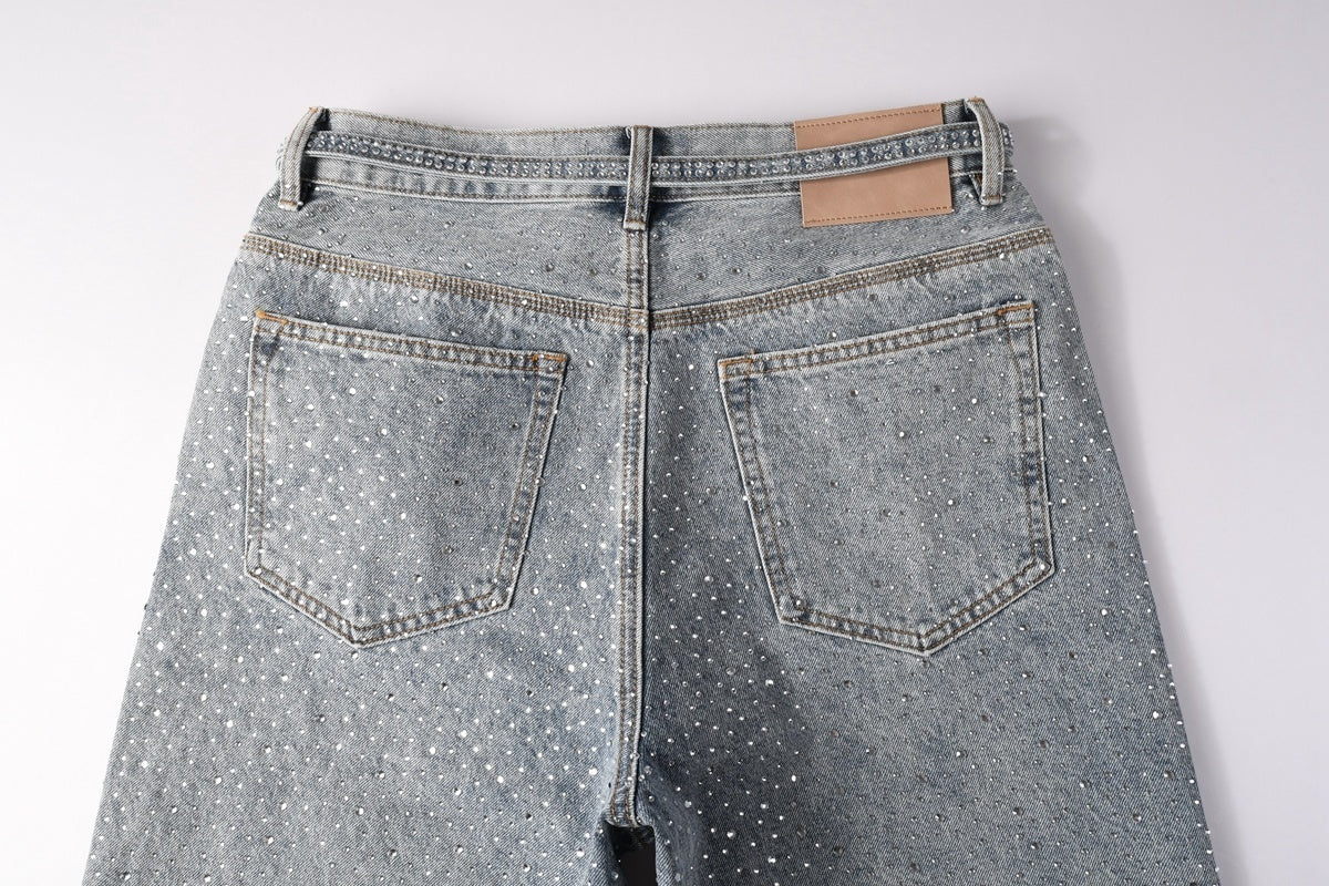 Men's Distressed Vintage Blue Denim Shorts with Rhinestones & Ripped Detailing