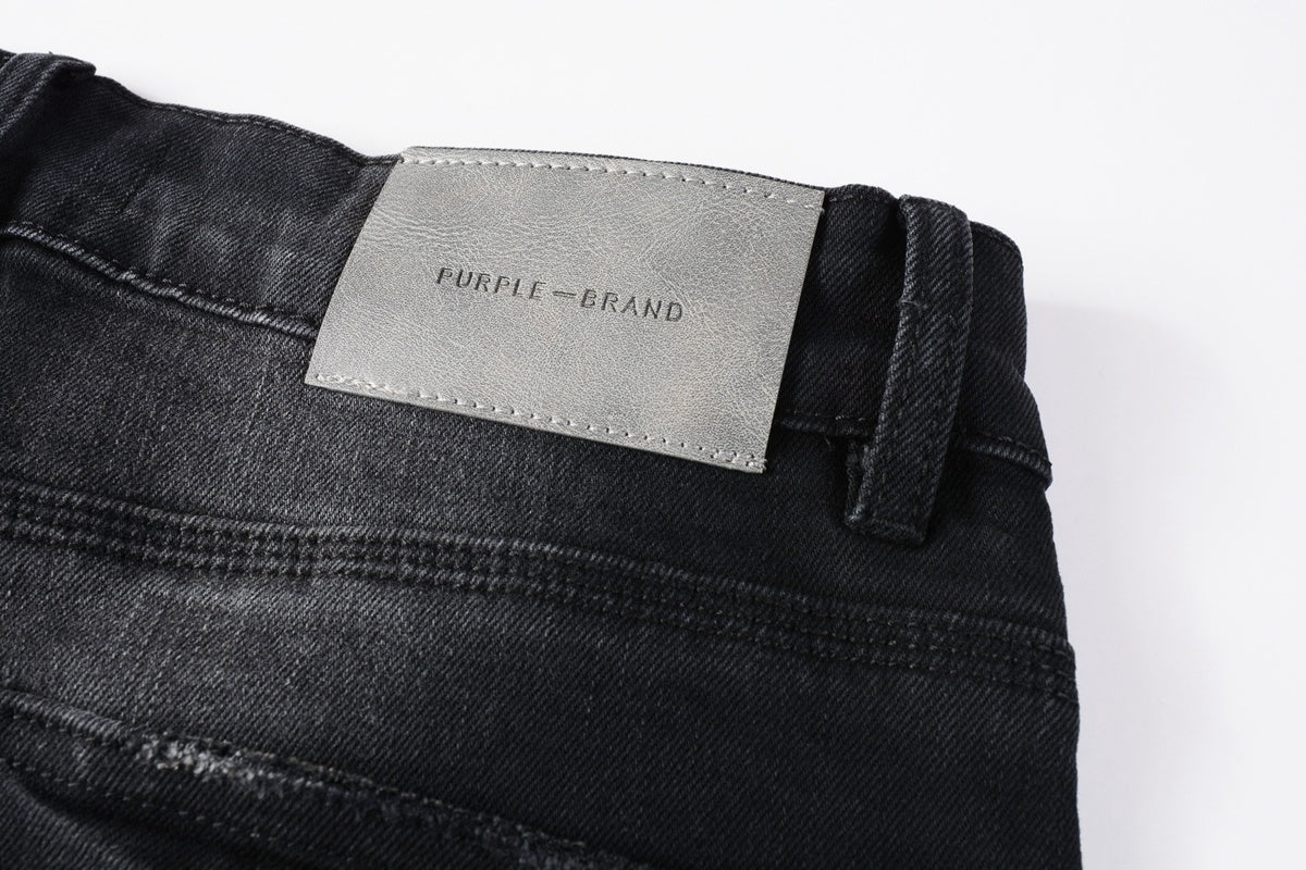 Men's Distressed Black Skinny Jeans with Bandanna Patchwork, Ripped Holes & Button Fly