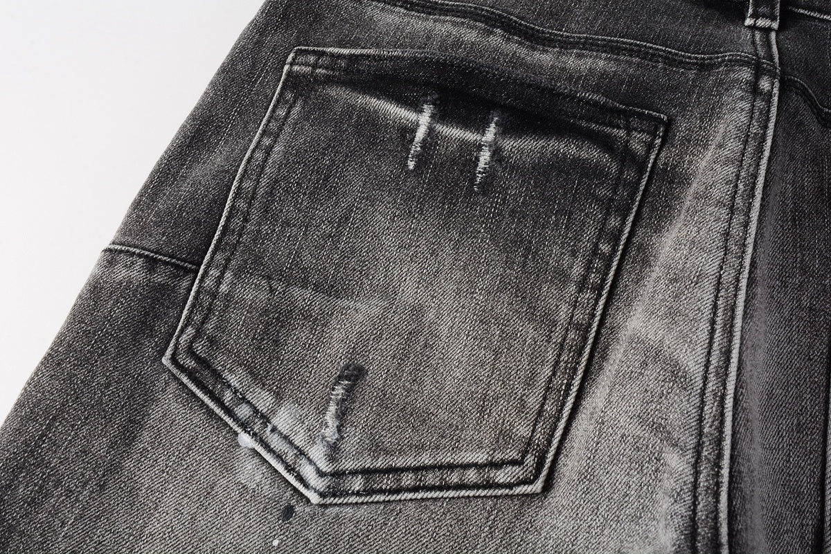 Men's High Street Distressed Gray Damaged Holes Spray Painted Stretch Slim Fit Ripped Jeans