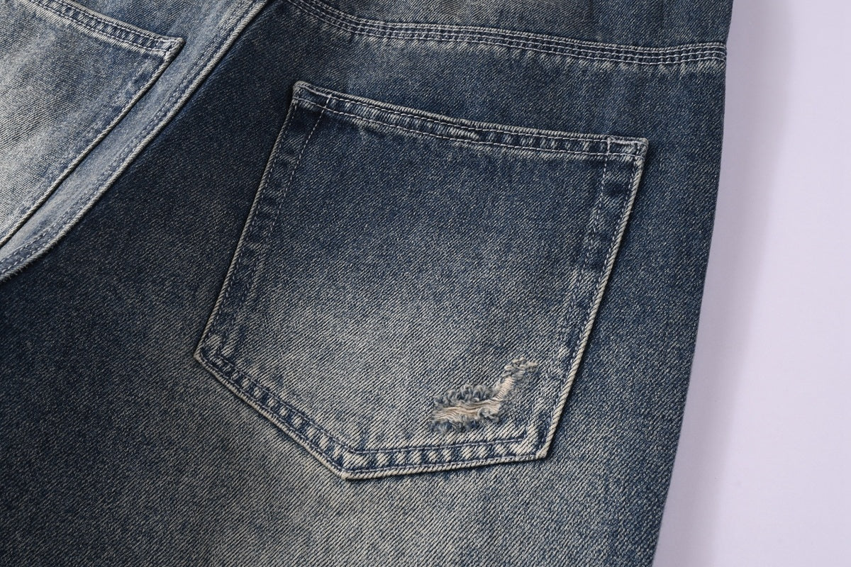 High Street Distressed Blue Rhinestones Baggy Jeans - Loose Ripped Jeans