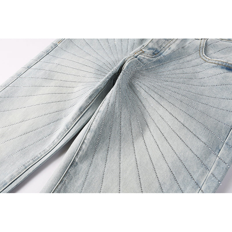 Men's Light Wash Sunburst Rhinestone Skinny Jeans | Streetwear Distressed Slim Fit Denim Pants