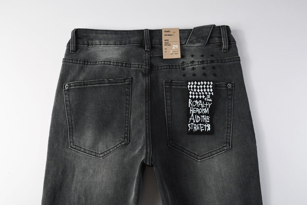 Men's Ksubi-Style Black Distressed Rhinestone Skinny Jeans