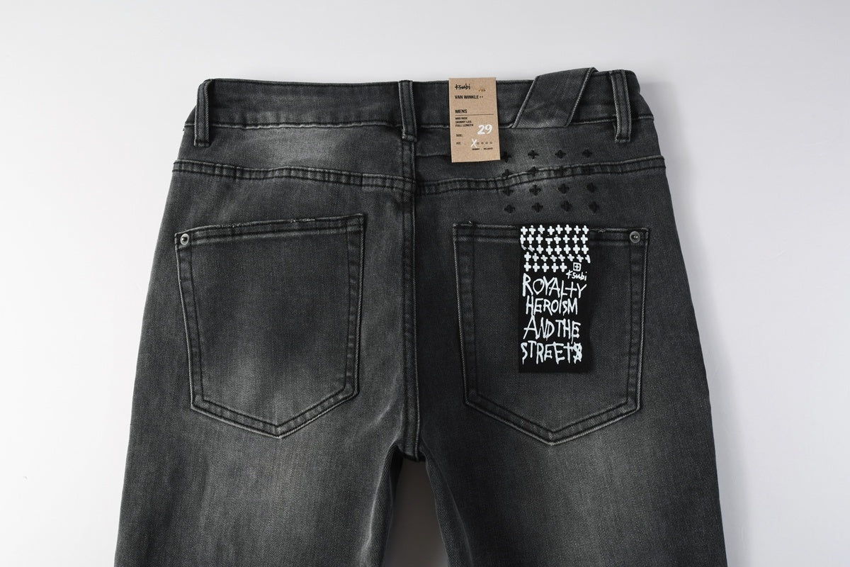 Men's Ksubi-Style Black Distressed Rhinestone Skinny Jeans