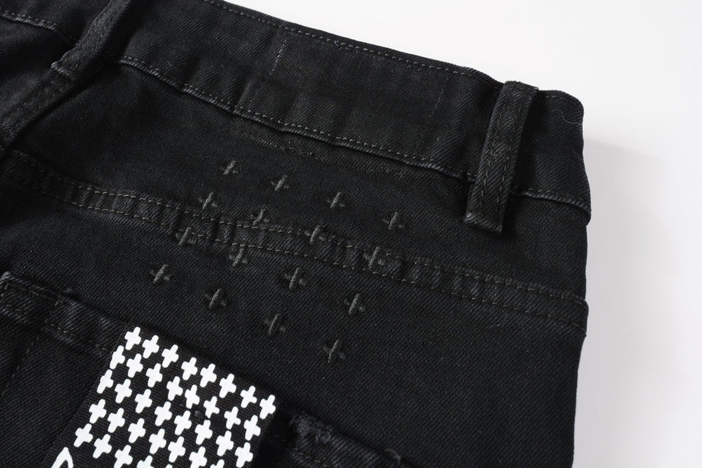 Men's Black Heavy Distressed Bandana Patch Skinny Jeans - Stretch Denim