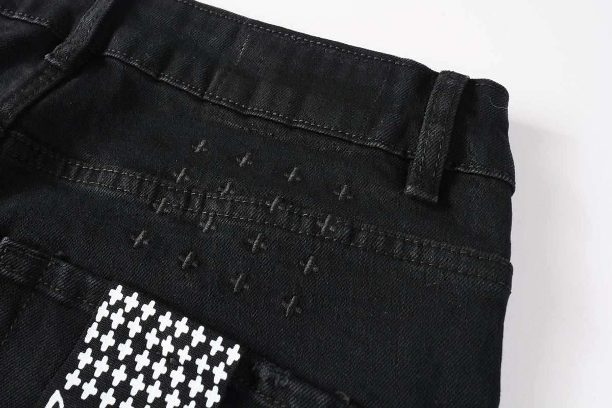 Men's Black Heavy Distressed Bandana Patch Skinny Jeans - Stretch Denim