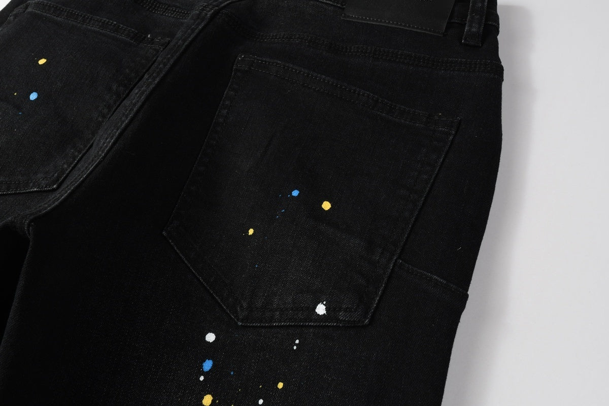 Men's Distressed Dark Black Skinny Jeans with Graffiti & Spray Paint Design & Ripped Holes