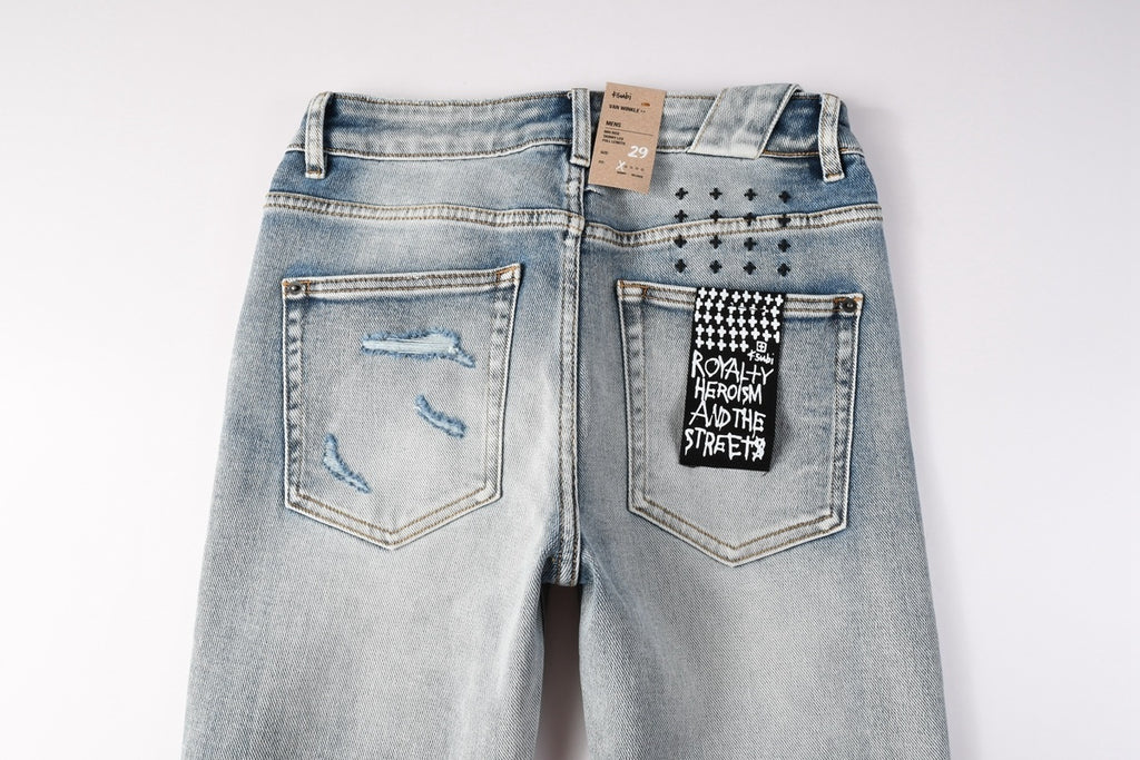 Men’s Light Wash Skinny Jeans - Cross Embroidered Distressed Denim