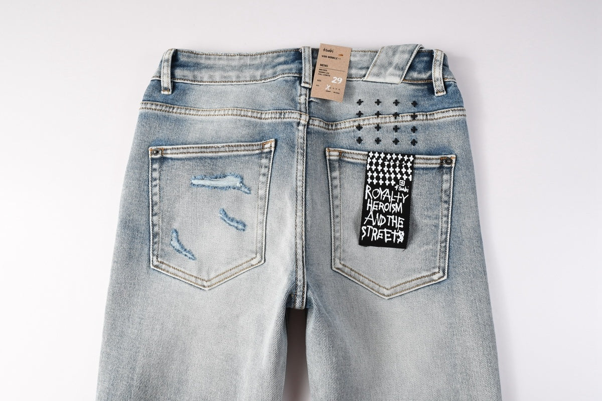 Men’s Light Wash Skinny Jeans - Cross Embroidered Distressed Denim