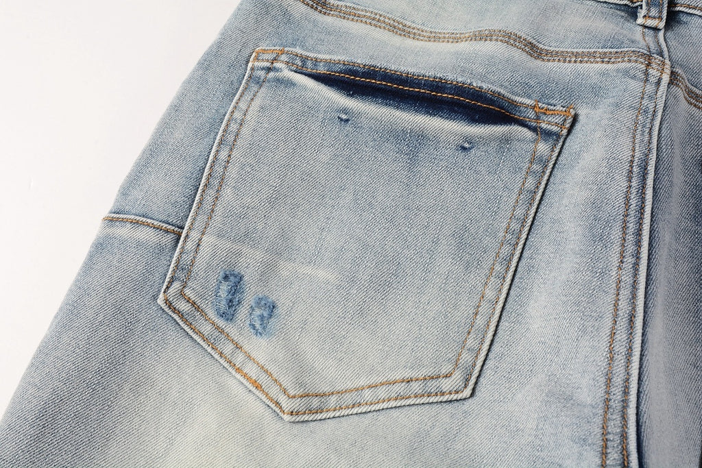 Men's Slim Fit Streetwear Distressed Light Blue Destroyed Holes Patchwork Stretch Ripped Jeans