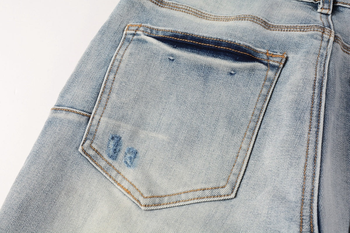 Men's Slim Fit Streetwear Distressed Light Blue Destroyed Holes Patchwork Stretch Ripped Jeans