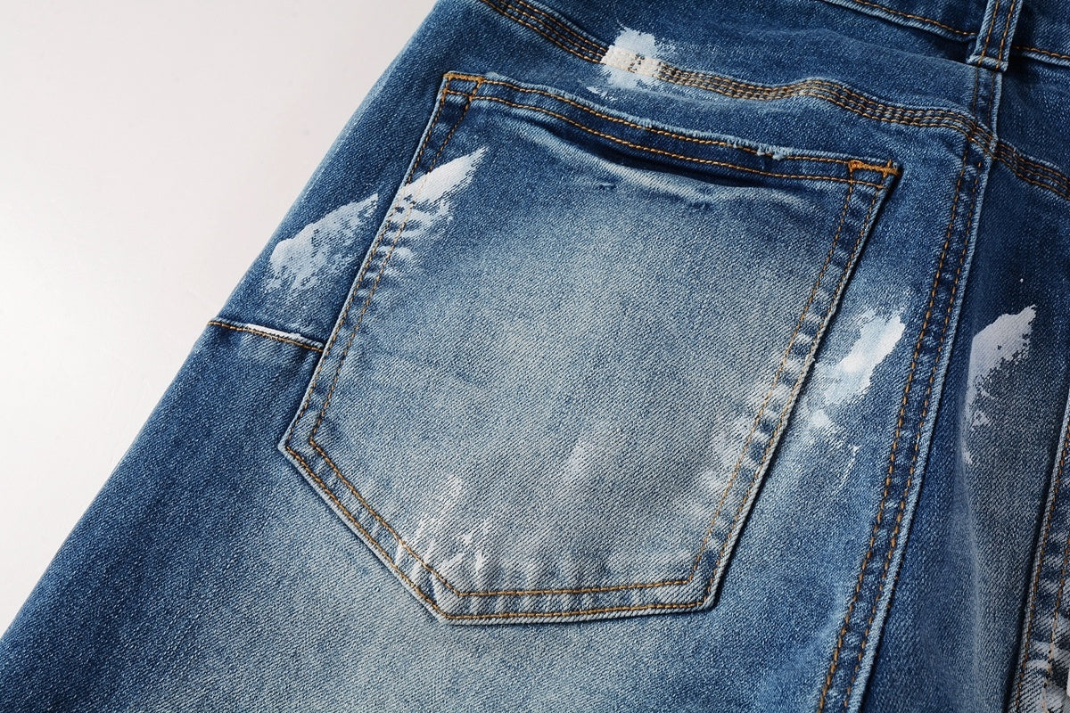 Men's High Street Distressed Classic Blue Graffiti Painted Stretch Skinny Ripped Jeans