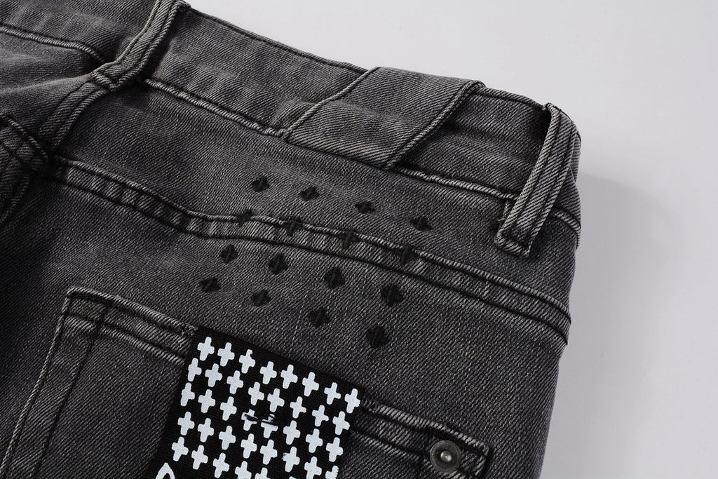 Men's Grey Wash Bandana Patch Distressed Skinny Jeans - Stretch Denim
