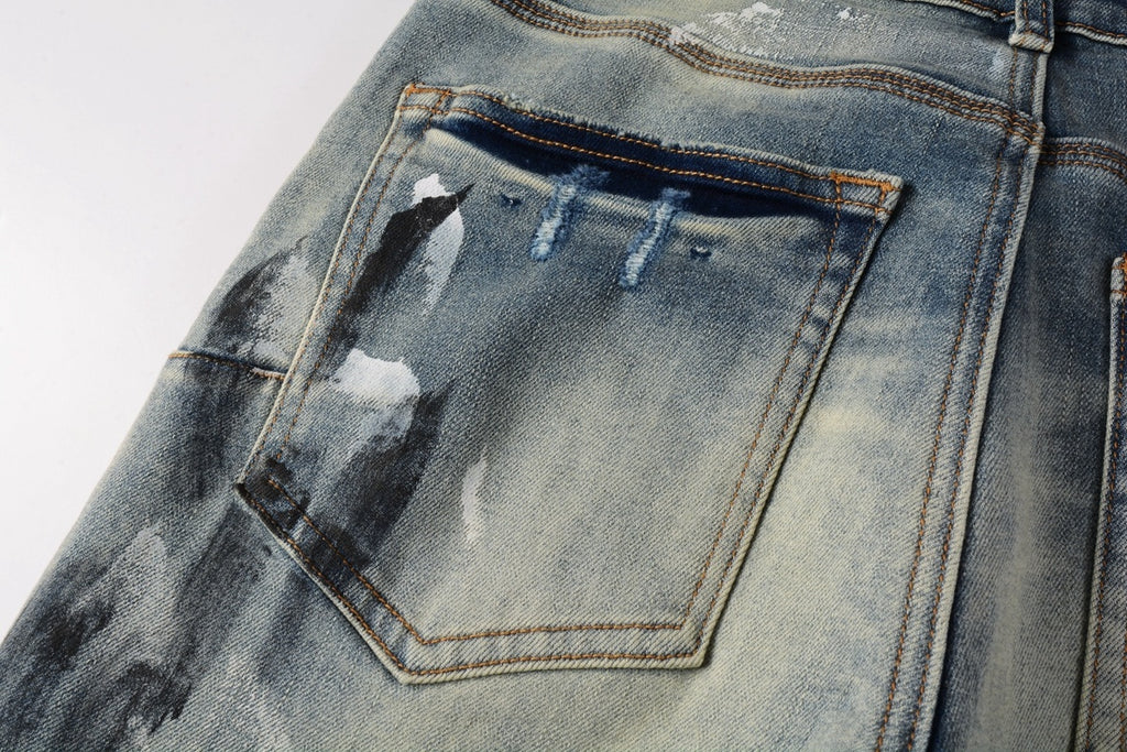 Men High Street Distressed Light Blue Destroyed Holes Graffiti Painted Stretch Slim Fit Ripped Jeans