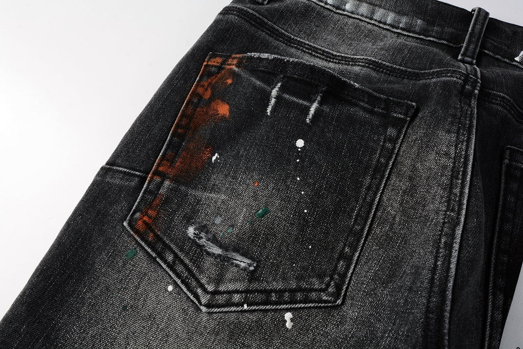 Men's High Street Distressed Black Gray Damaged Holes Spray Paint Stretch Slim Fit Ripped Jeans