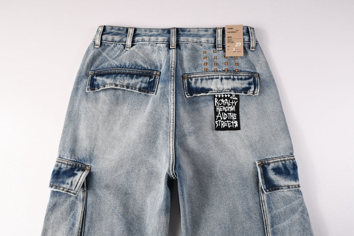 Men’s Light Wash Cargo Jeans - Baggy Utility Denim Pants