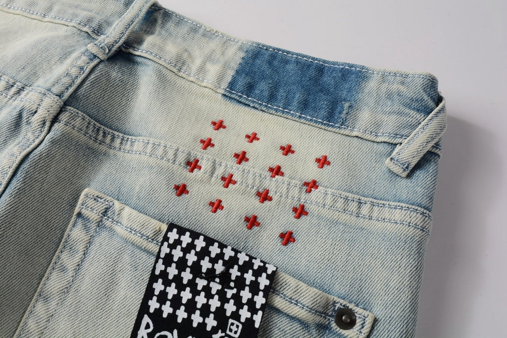 Men's Light Wash Minimal Embroidered Skinny Jeans - Stretch Denim