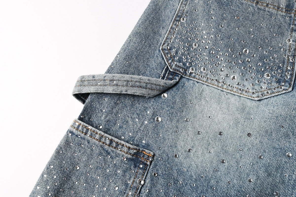 Men's Distressed Vintage Blue Denim Shorts with Rhinestones & Ripped Detailing