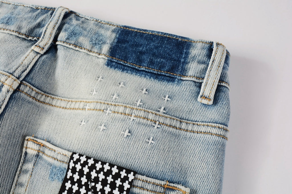 Men's Light Wash Artistic Patchwork Distressed Skinny Jeans - Stretch Denim