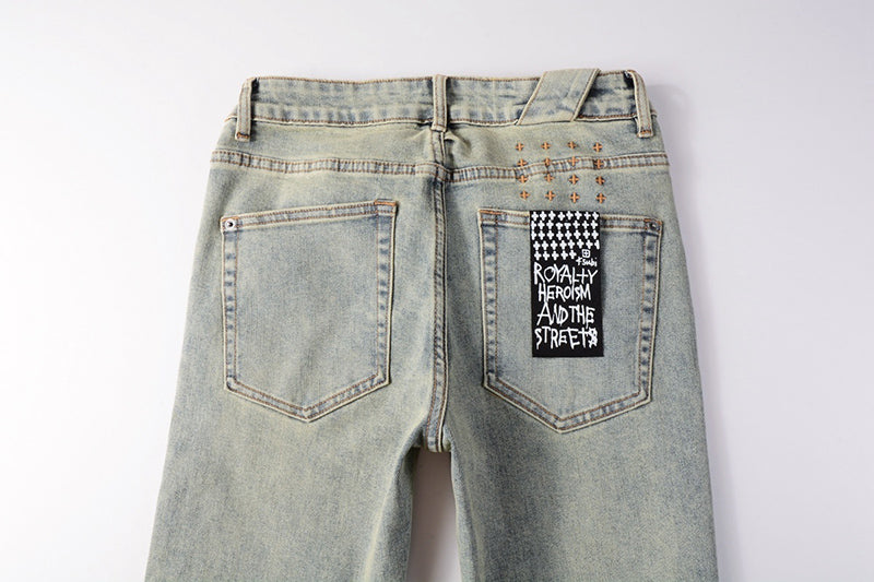 Men’s Vintage Light Wash Skull Print Skinny Jeans - Streetwear Denim Pants
