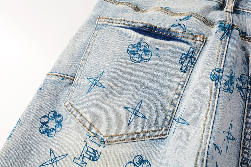 High Street Distressed Blue Laser Patterns Stretch Skinny Ripped Jeans