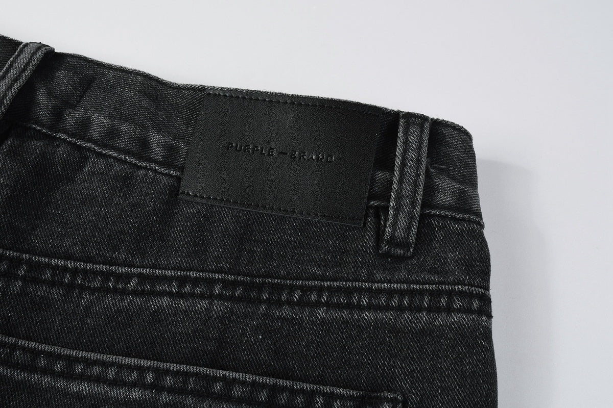 Men's Distressed Black Gray Loose Fit Jeans with Ripped Holes & Button Fly