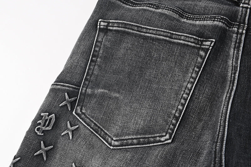 Men's Black Washed Embroidered Cross & Logo Skinny Jeans | Streetwear Slim Fit Denim Pants