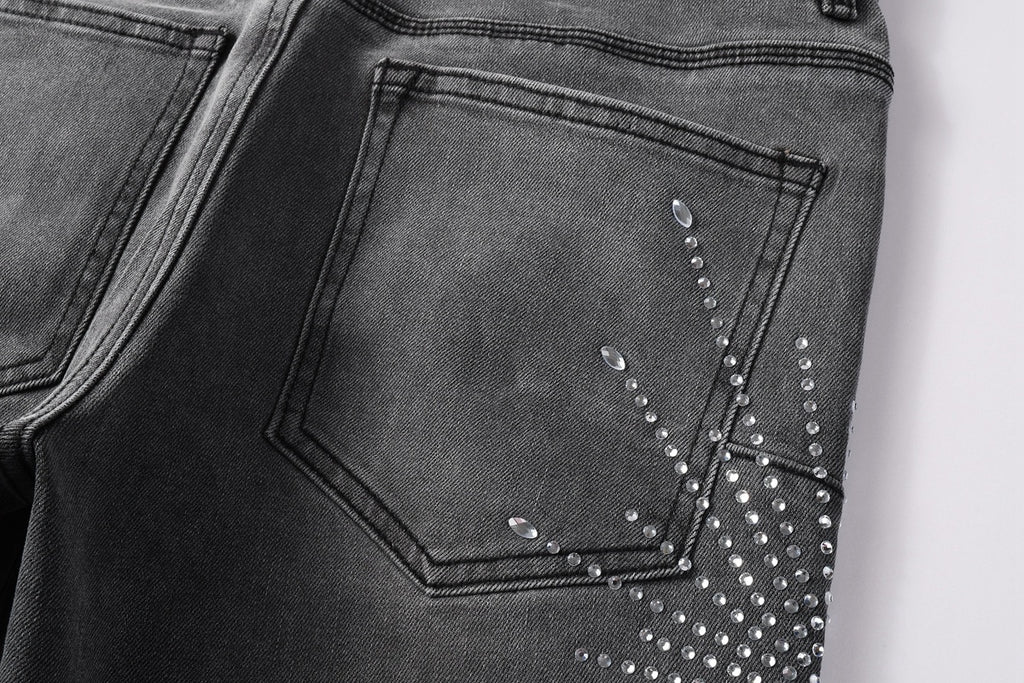 Men's Distressed Skinny Jeans with Ripped Holes, Rhinestones & Button Fly