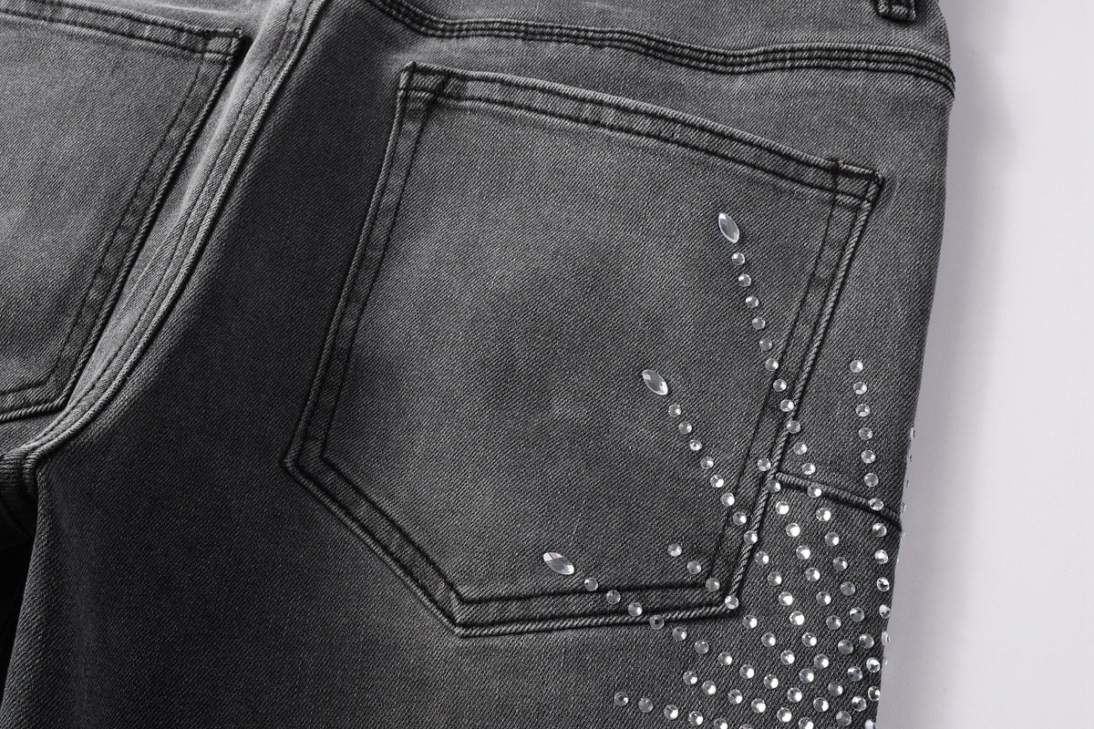 Men's Distressed Skinny Jeans with Ripped Holes, Rhinestones & Button Fly