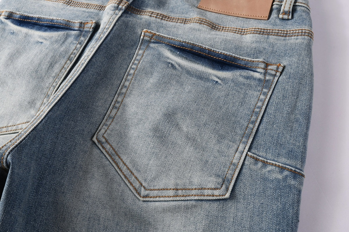 Men's Distressed Light Indigo Skinny Jeans with Graffiti, Ripped Holes & Button Fly