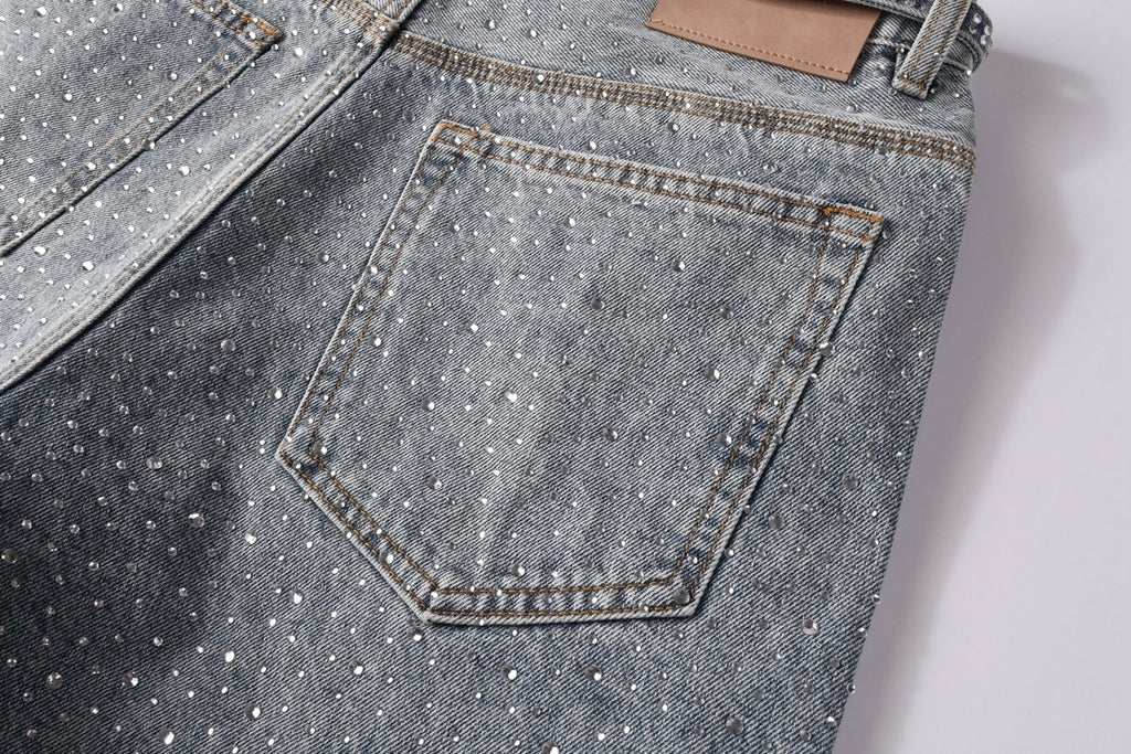 Men's Distressed Vintage Blue Denim Shorts with Rhinestones & Ripped Detailing