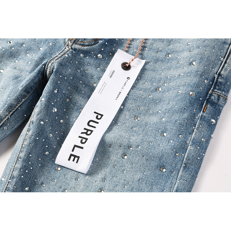 Men's Light Wash All-Over Rhinestone Skinny Jeans | Streetwear Slim Fit Embellished Denim Pants